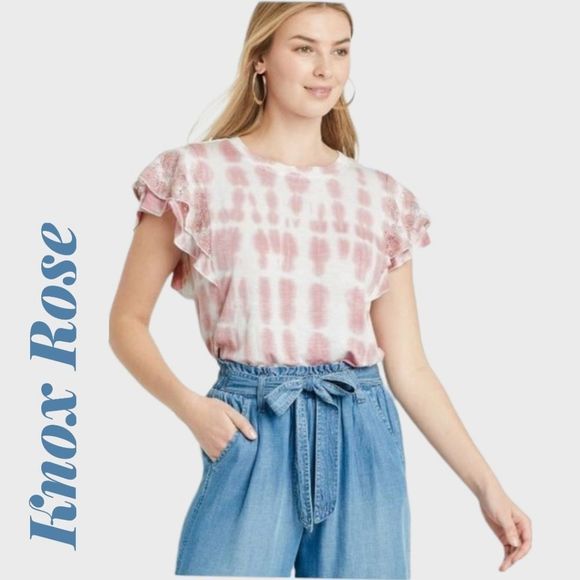 Pink Mauve and White Tie Dye Knox Rose Cap Flutter Short Sleeve Shirt